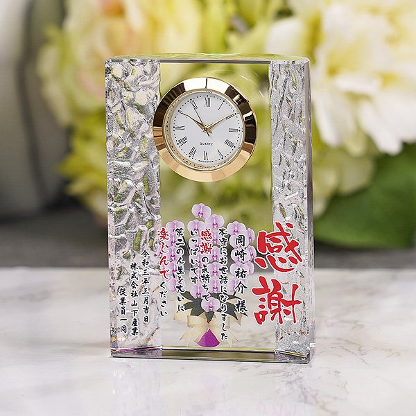 画像10: 時計付　クリスタル製　メモリアルオブジェ　コンパクトタイプ　DT-14・DT-15（レインボー加工）/【サンドブラスト彫刻】または【ＵＶカラー印刷】 (10)