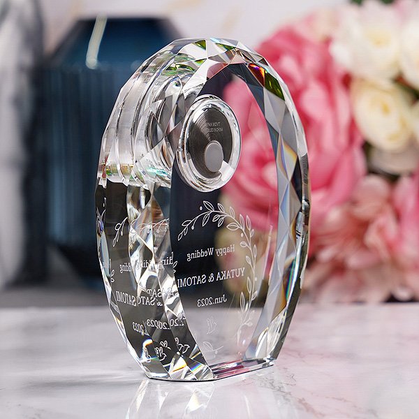 画像5: 時計付　クリスタル製　メモリアルオブジェ　DT-11/レインボー加工・ダイヤカット/【2Dレーザー彫刻】 (5)