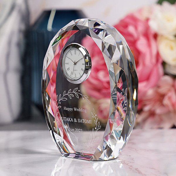 画像4: 時計付　クリスタル製　メモリアルオブジェ　DT-11/レインボー加工・ダイヤカット/【2Dレーザー彫刻】 (4)