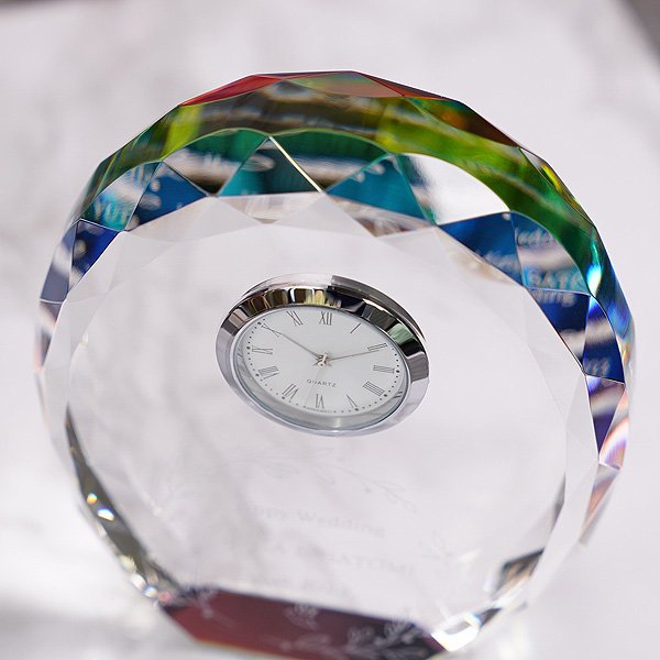 画像8: 時計付　クリスタル製　メモリアルオブジェ　DT-11/レインボー加工・ダイヤカット/【2Dレーザー彫刻】 (8)